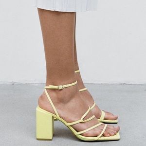 Zara yellow heeled square toe ankle strap sandals